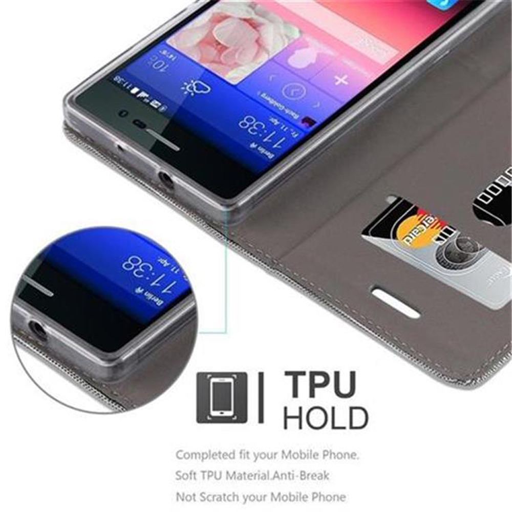 Un telefono in una custodia a portafoglio grigia, che mostra lo schermo del telefono e un primo piano del suo schermo.