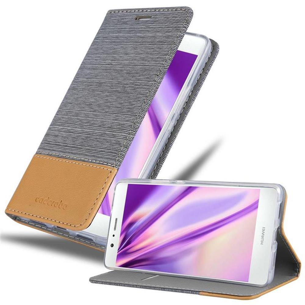 Una funda para teléfono con un diseño gris y marrón. Un teléfono está en la funda, el otro al lado.