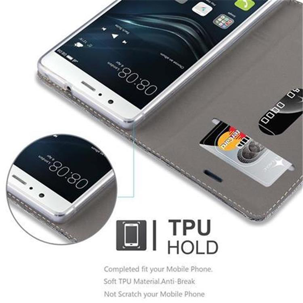 Funda de teléfono abierta con teléfono.  Dentro tiene ranuras para tarjetas con tarjeta de crédito.