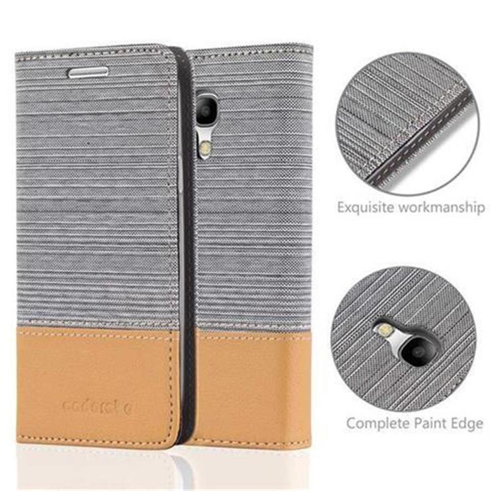 Funda de teléfono gris y marrón claro abierta. Primeros planos de costuras y recorte de cámara.