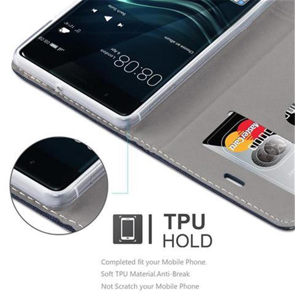 Telefon in Lederhülle. Kreditkarte sichtbar. Text: TPU HOLD. Abgeschlossene Passform für Mobiltelefone.