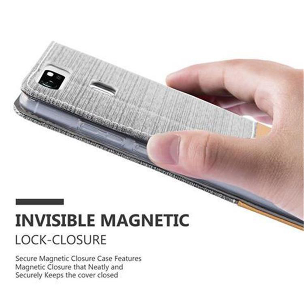 Ein Telefon, bedeckt von einer grau-beigen Hülle. Text: 'Unsichtbarer Magnetverschluss'. Weißer Hintergrund.