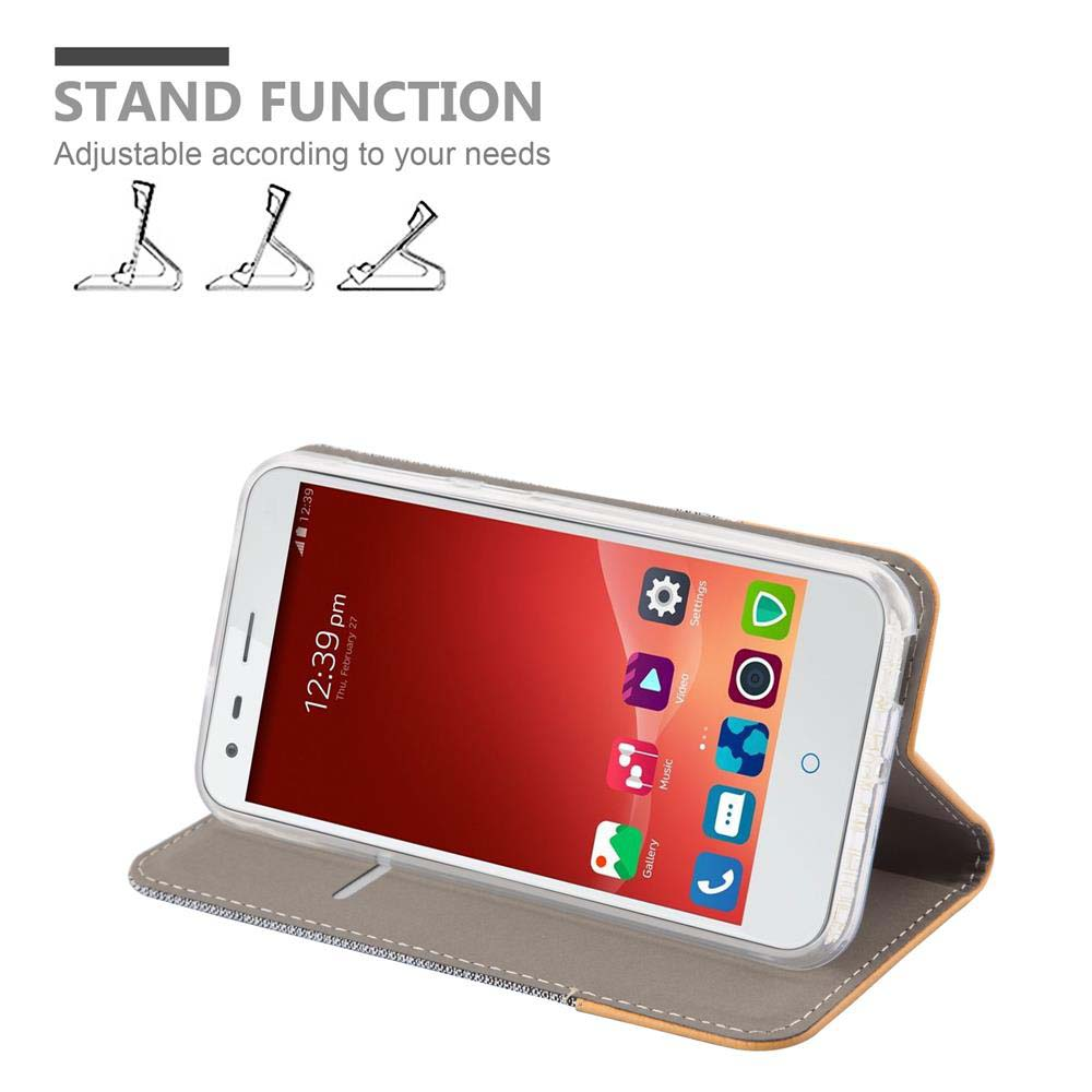 Telefon in grauem Case mit Standfunktion. Telefon zeigt Zeit und App-Symbole.