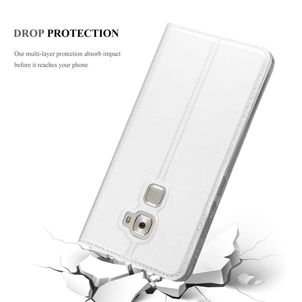 Custodia bianca per telefono, effetto terreno crepato. Testo: DROP PROTECTION. La nostra protezione multistrato...
