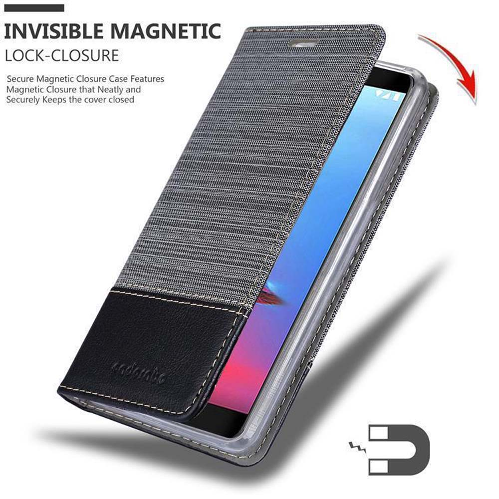 Graue Handyhülle mit Muster, die ein Telefon bedeckt. Gehäuse öffnet sich, um den Telefonbildschirm freizugeben.