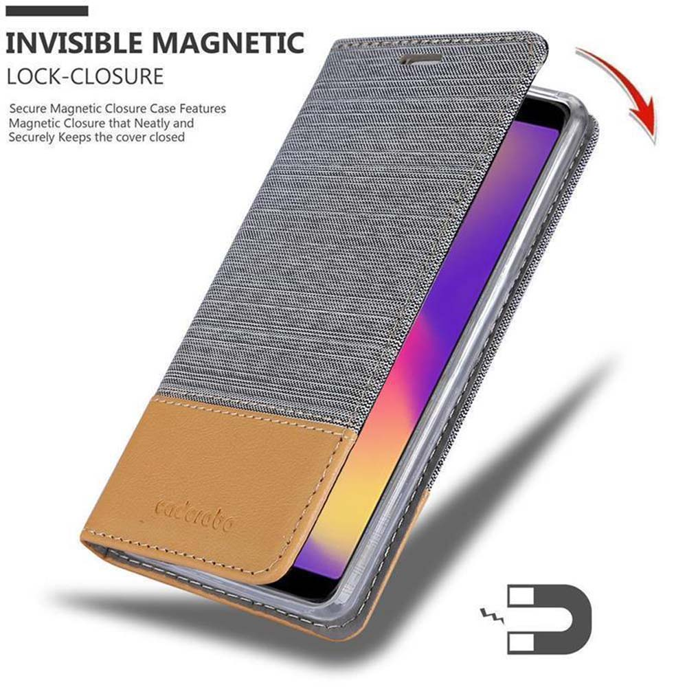 Geöffnete Handyhülle mit grauem und braunem Leder. Der Telefonbildschirm zeigt farbenfrohes Design. Magnetverschluss.