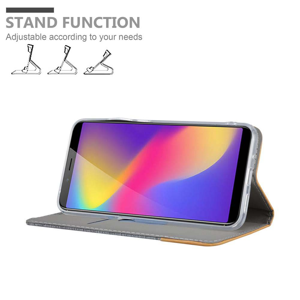 Telefon in einer Hülle, geöffnet. Text: 'Standfunktion'. Das Telefon hat ein farbenfrohes Display.