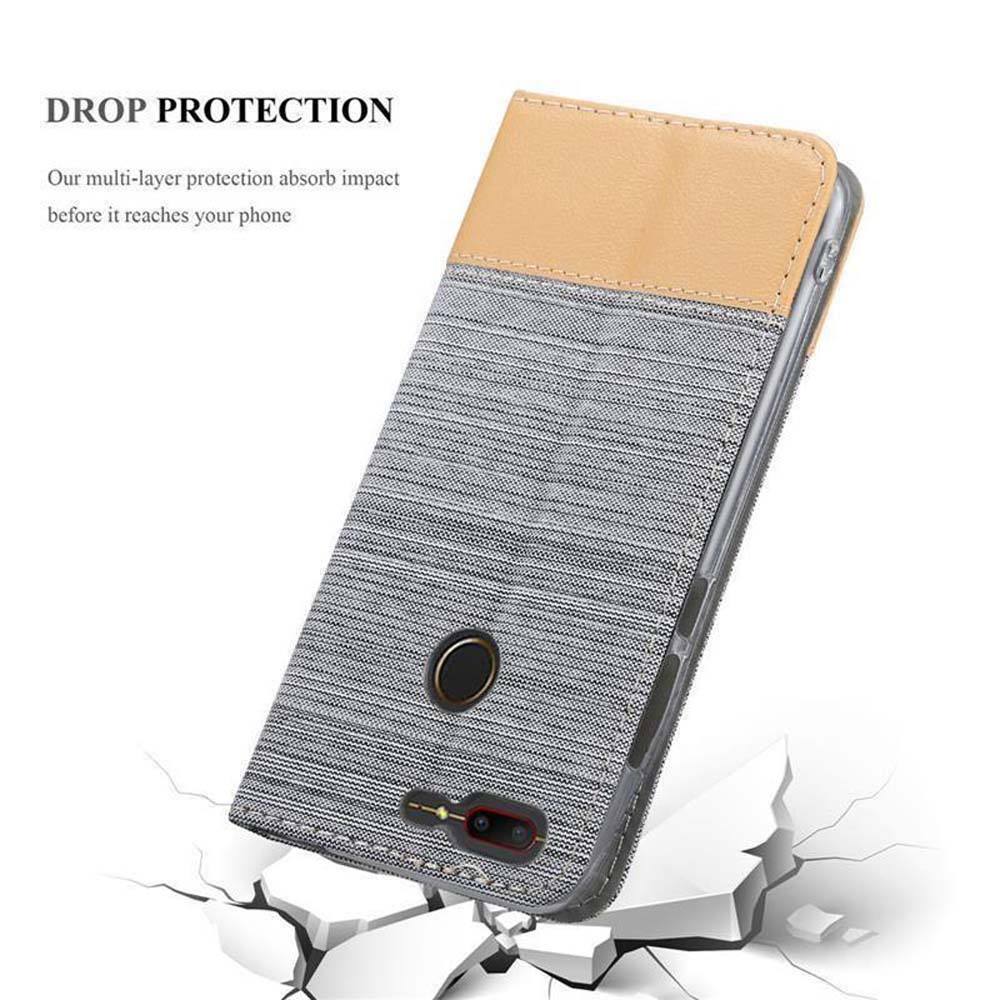 Handyhülle mit grauen und beige Farben. Die Handyhülle liegt auf weißem, zerbrochenem Stein. Oben steht „Drop Protection“.