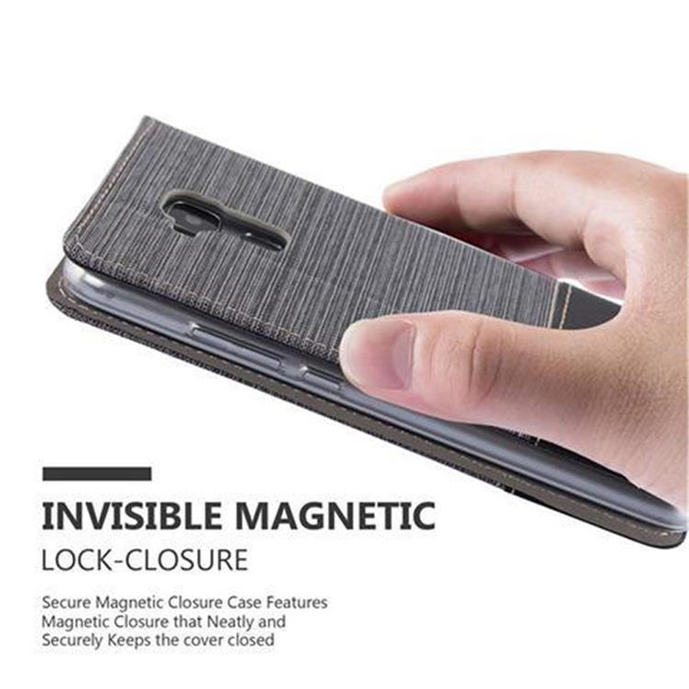 Custodia per telefono con texture grigia. Chiusura magnetica. Il telefono è dentro. Blocco magnetico invisibile.