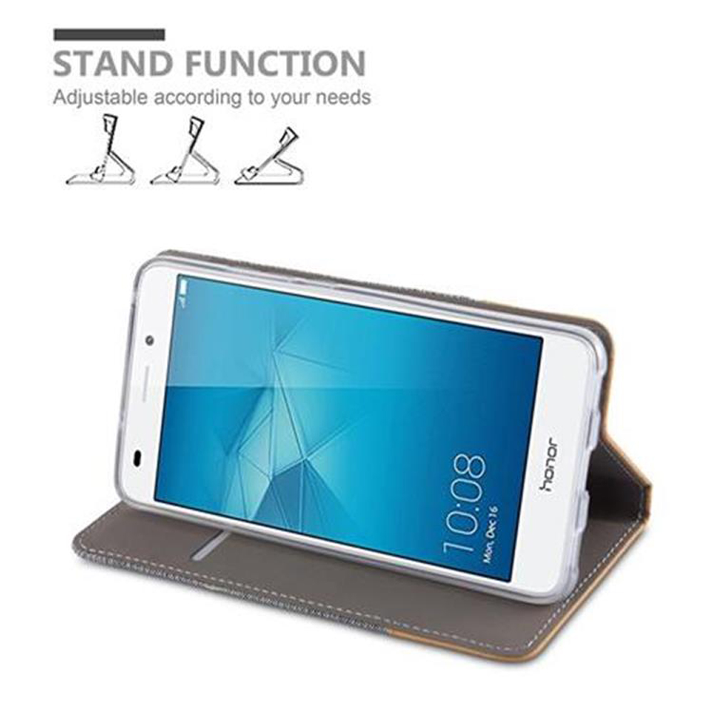 Telefono Honor bianco in una custodia a portafoglio grigia, che mostra lo schermo, con funzione stand.