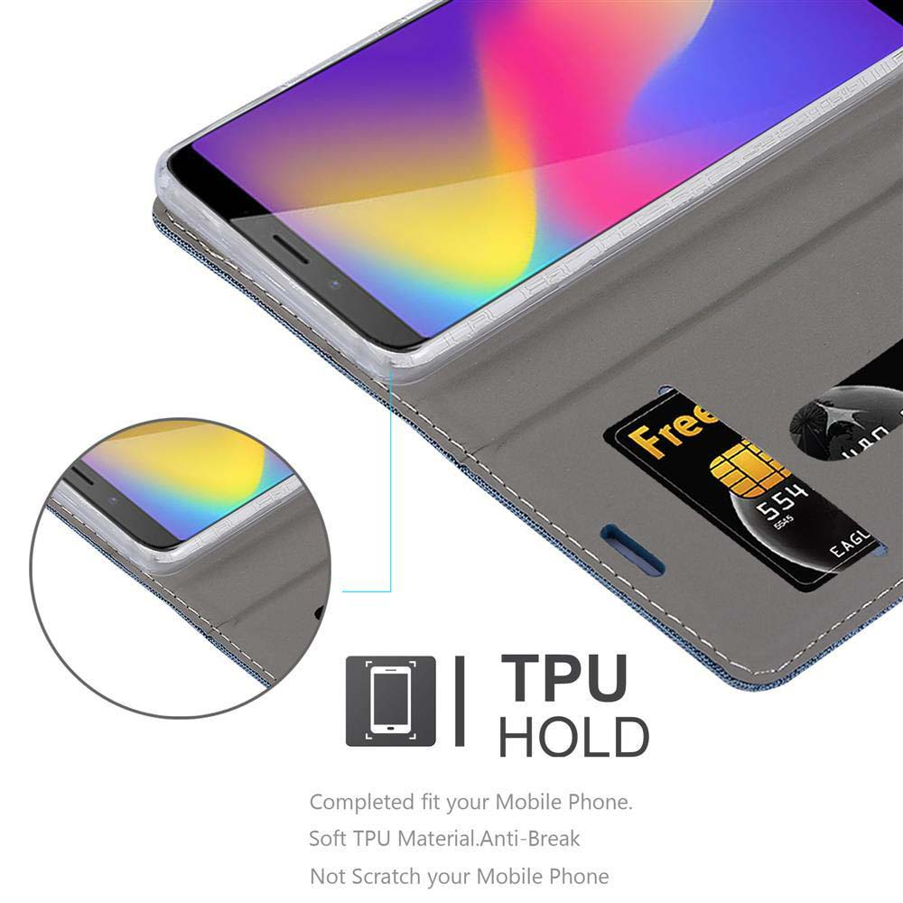 Telefono in custodia grigia. Carta di credito in uno slot. Lo schermo del telefono mostra un'immagine colorata.