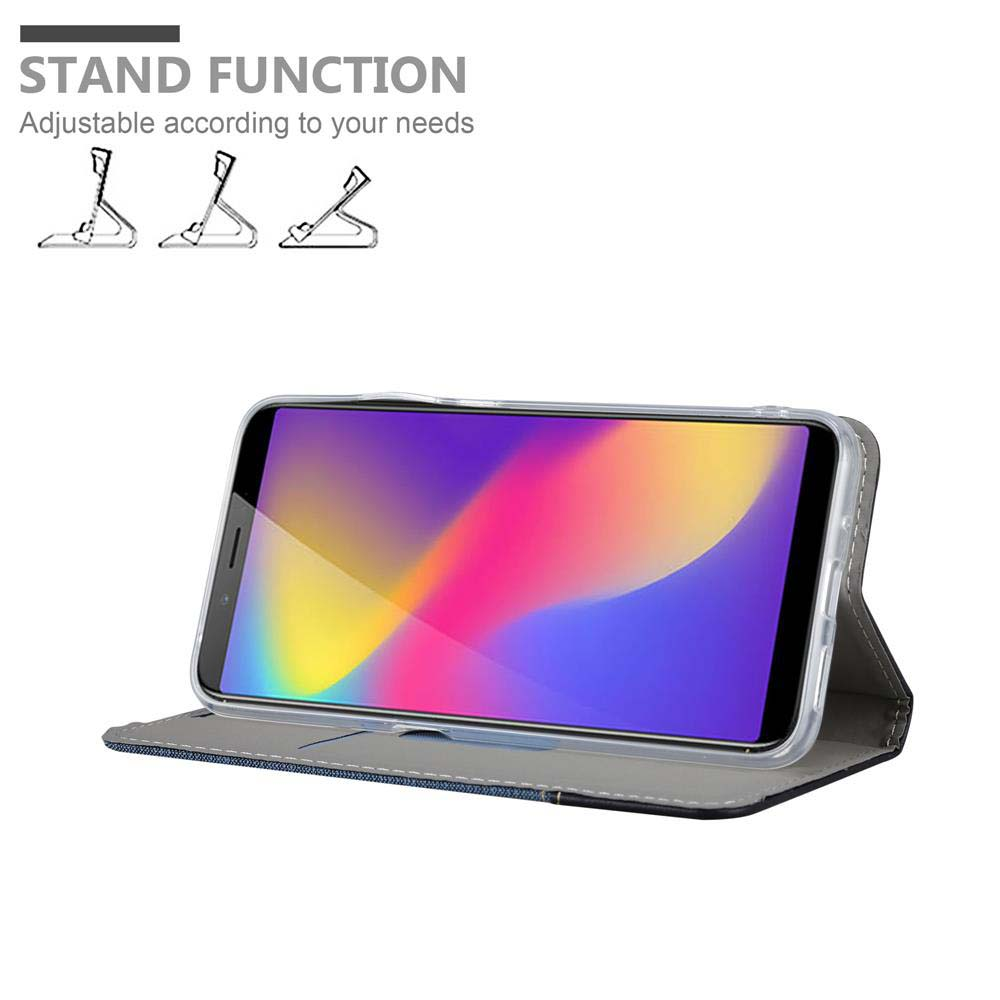 Smartphone in una custodia, in piedi. Lo schermo mostra uno sfondo viola e blu.