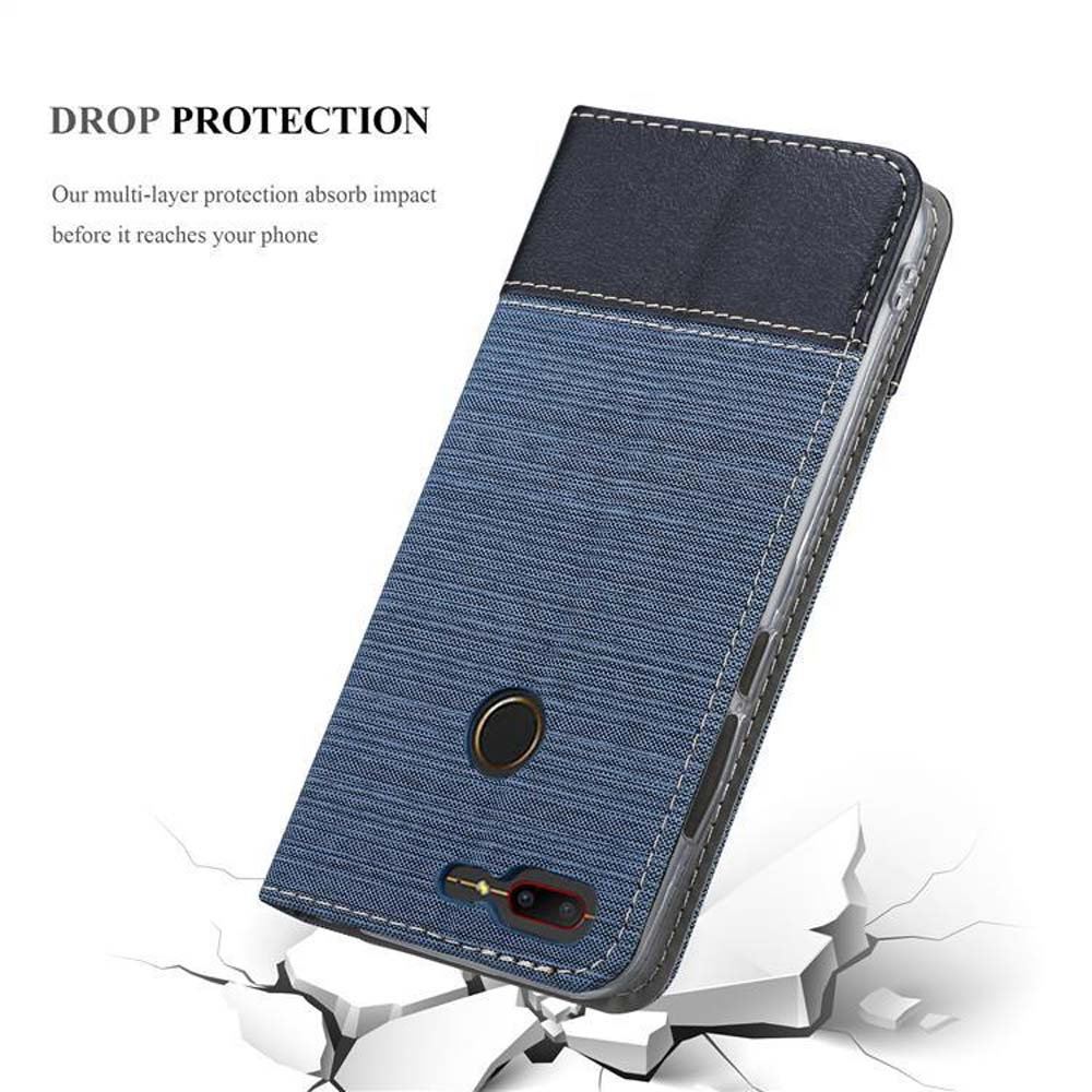 Custodia per telefono con protezione dalle cadute, design blu e nero. Testo: protezione dalle cadute.