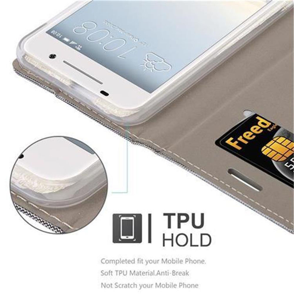 Telefono in custodia con carta. Testo: TPU HOLD. Cuciture bianche.