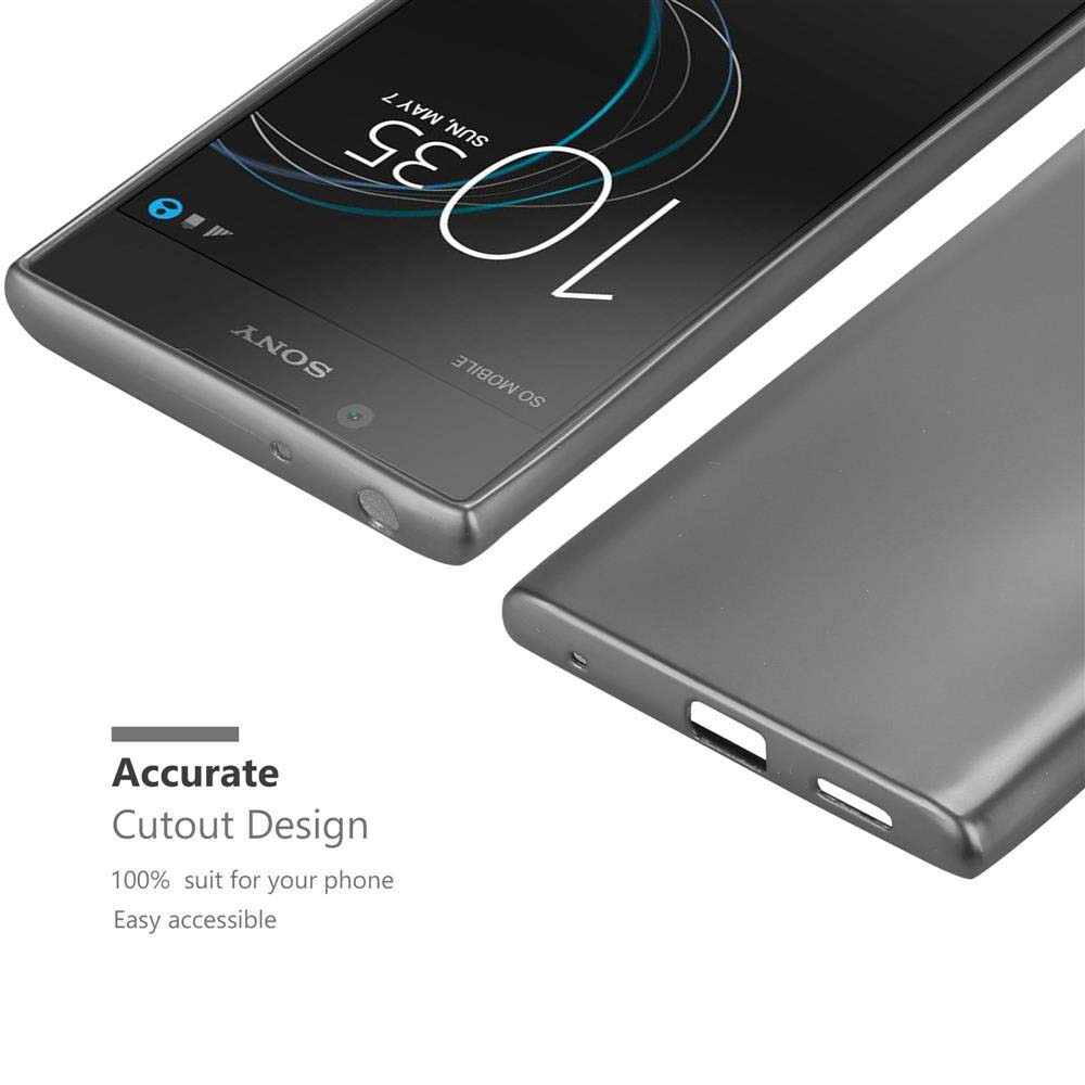 Custodia per telefono grigia con un telefono all'interno. Il telefono mostra l'ora, con il logo Sony.