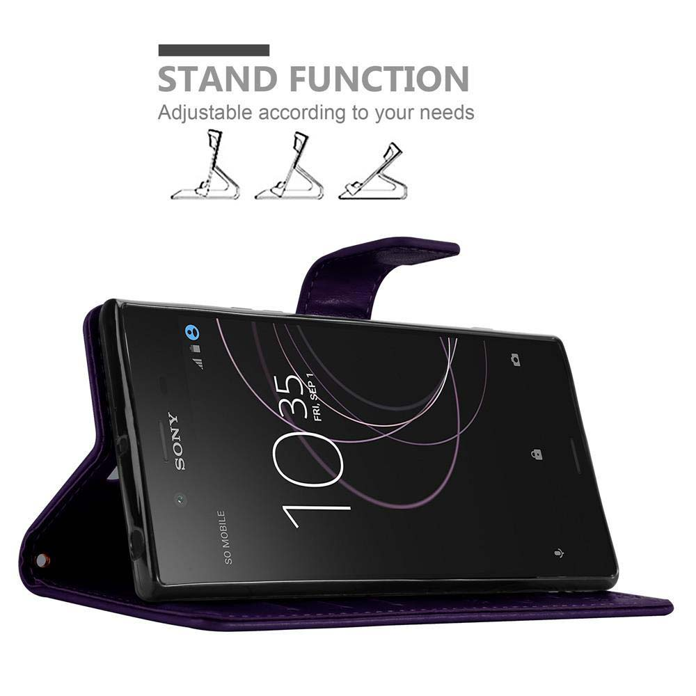 Telefono nero in custodia viola. Testo: Funzione supporto.