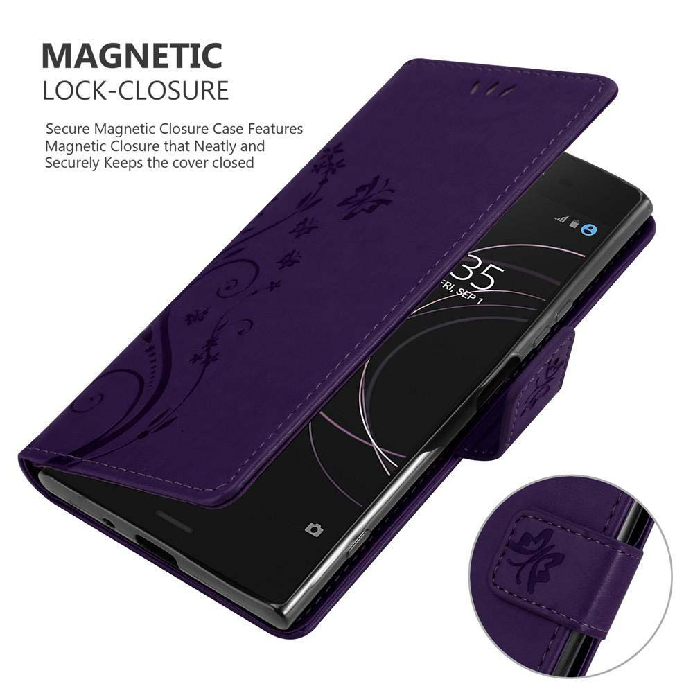 Custodia viola con un telefono dentro. Design floreale sul davanti.
