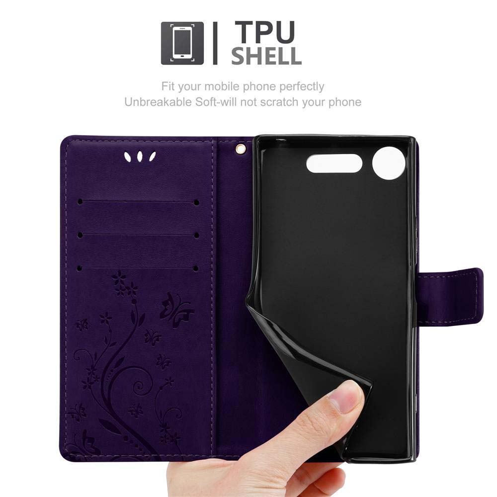 Una custodia per telefono è mostrata aperta, rivelando l'interno del telefono, con un design floreale.