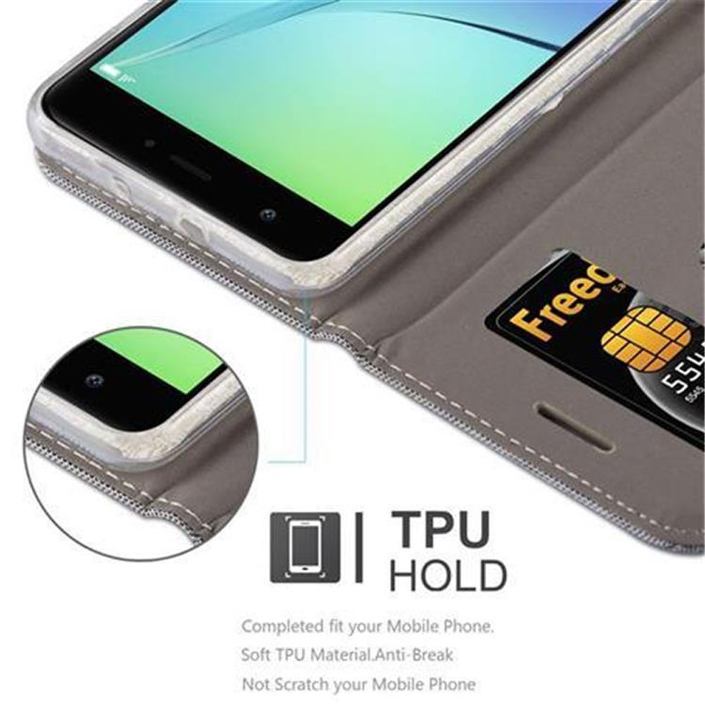 Telefono in custodia grigia con carta. Il dettaglio mostra telefono, slot per schede ed etichetta TPU HOLD.