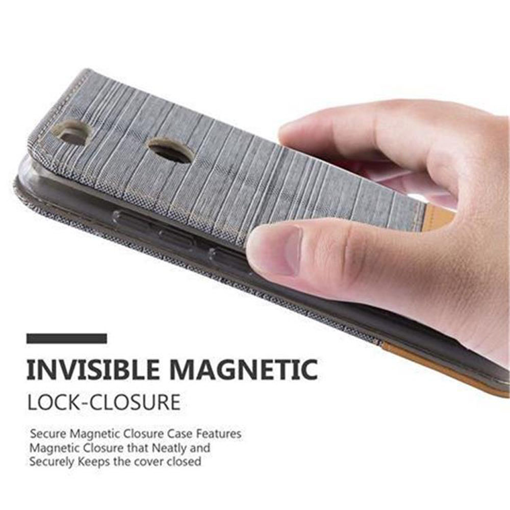 Una mano che tiene una custodia per telefono grigio chiaro. Testo: Chiusura magnetica invisibile.