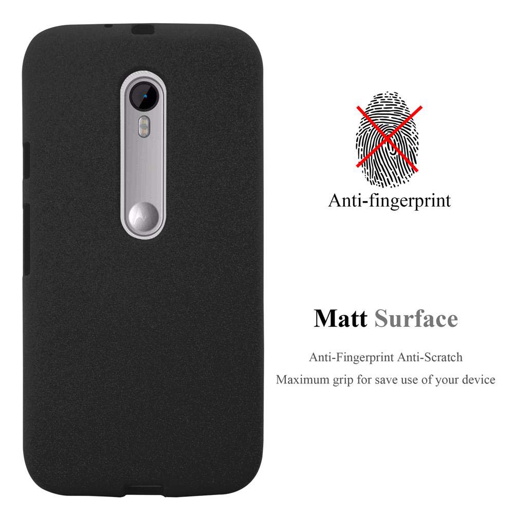 Una funda de teléfono negra. Se muestra texto anti-huellas y superficie mate con imagen de huella dactilar. Fondo blanco.