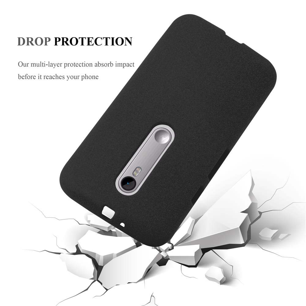 Funda negra para teléfono sobre fondo blanco. Absorbe impactos y protege el teléfono.