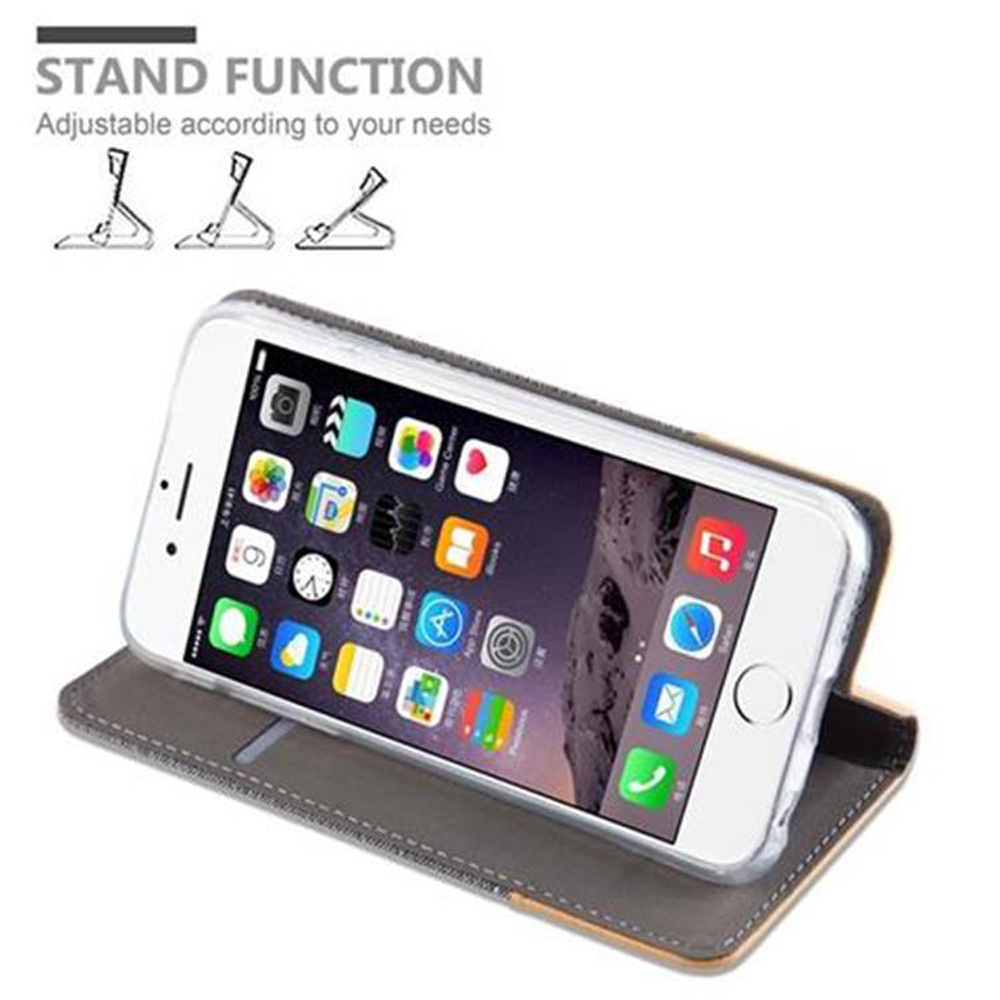 Un telefono in una custodia con funzione stand. Lo schermo mostra varie icone di app. La custodia è aperta e inclinata.