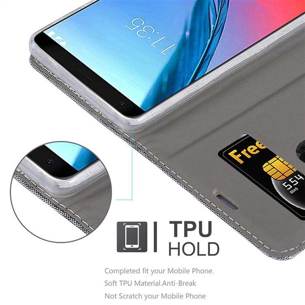 Telefono dentro custodia grigia, con carta di credito e testo TPU HOLD.