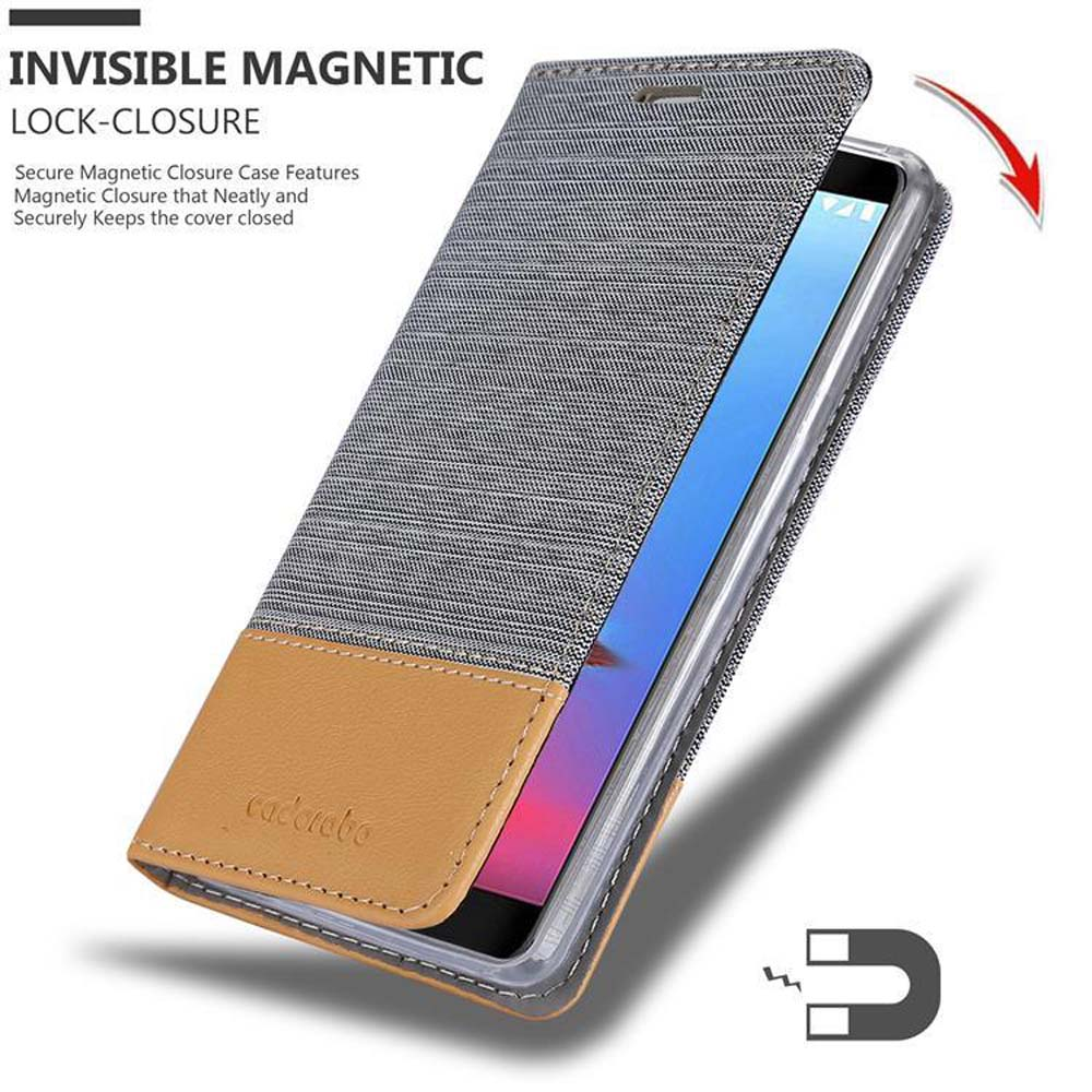 Custodia per telefono con chiusura magnetica. La custodia è grigia e marrone, con un telefono all'interno.