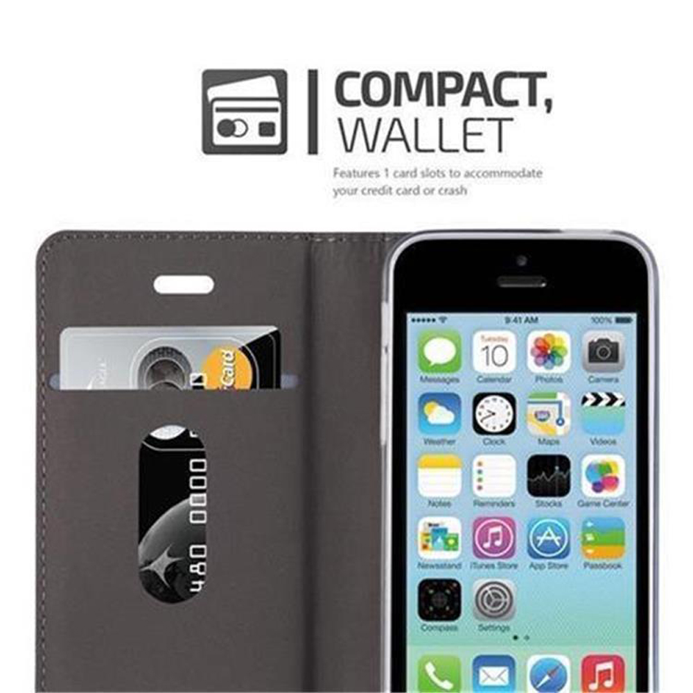 Funda de teléfono con diseño de cartera abierta, tarjeta de crédito en la ranura y pantalla del teléfono. Fondo gris.