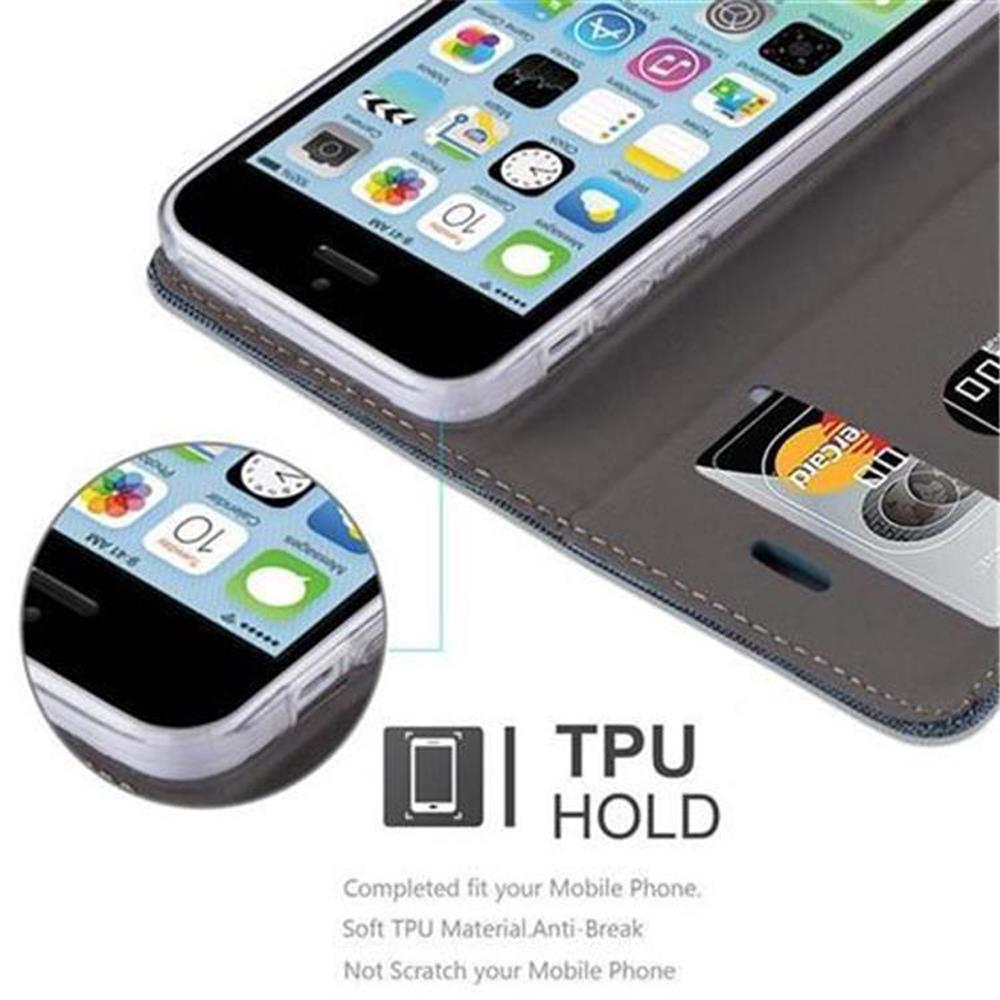 Teléfono con funda transparente en una funda para teléfono. Texto: TPU HOLD.