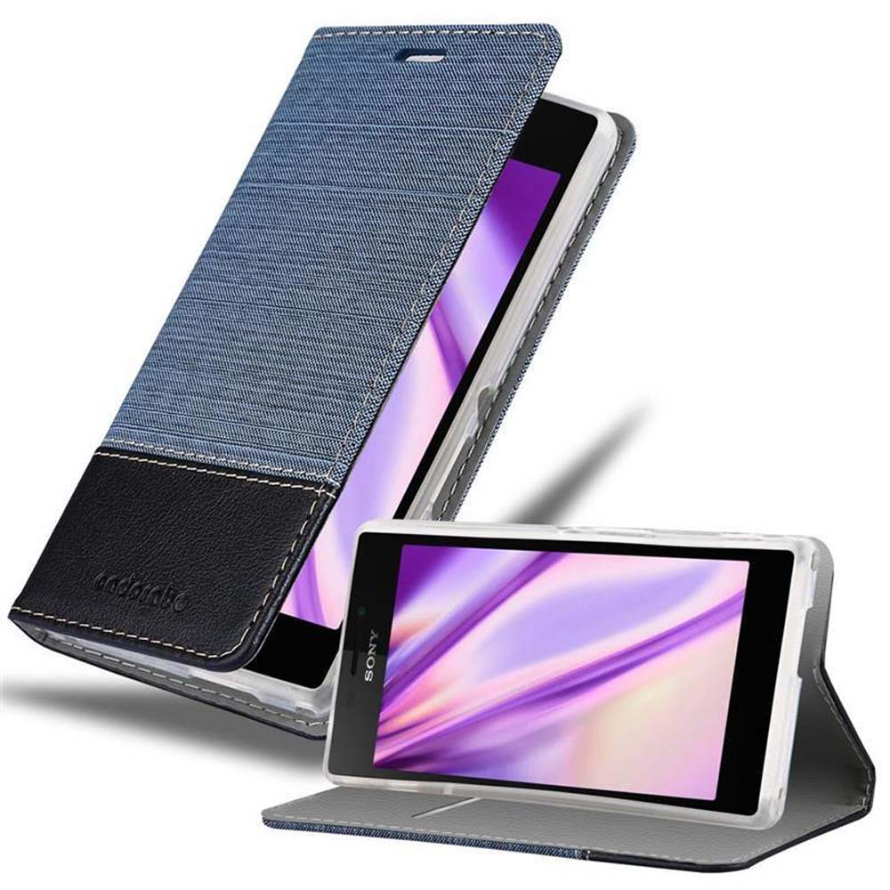 Teléfono negro en una funda, abierto. Estuche azul con acento negro al fondo.