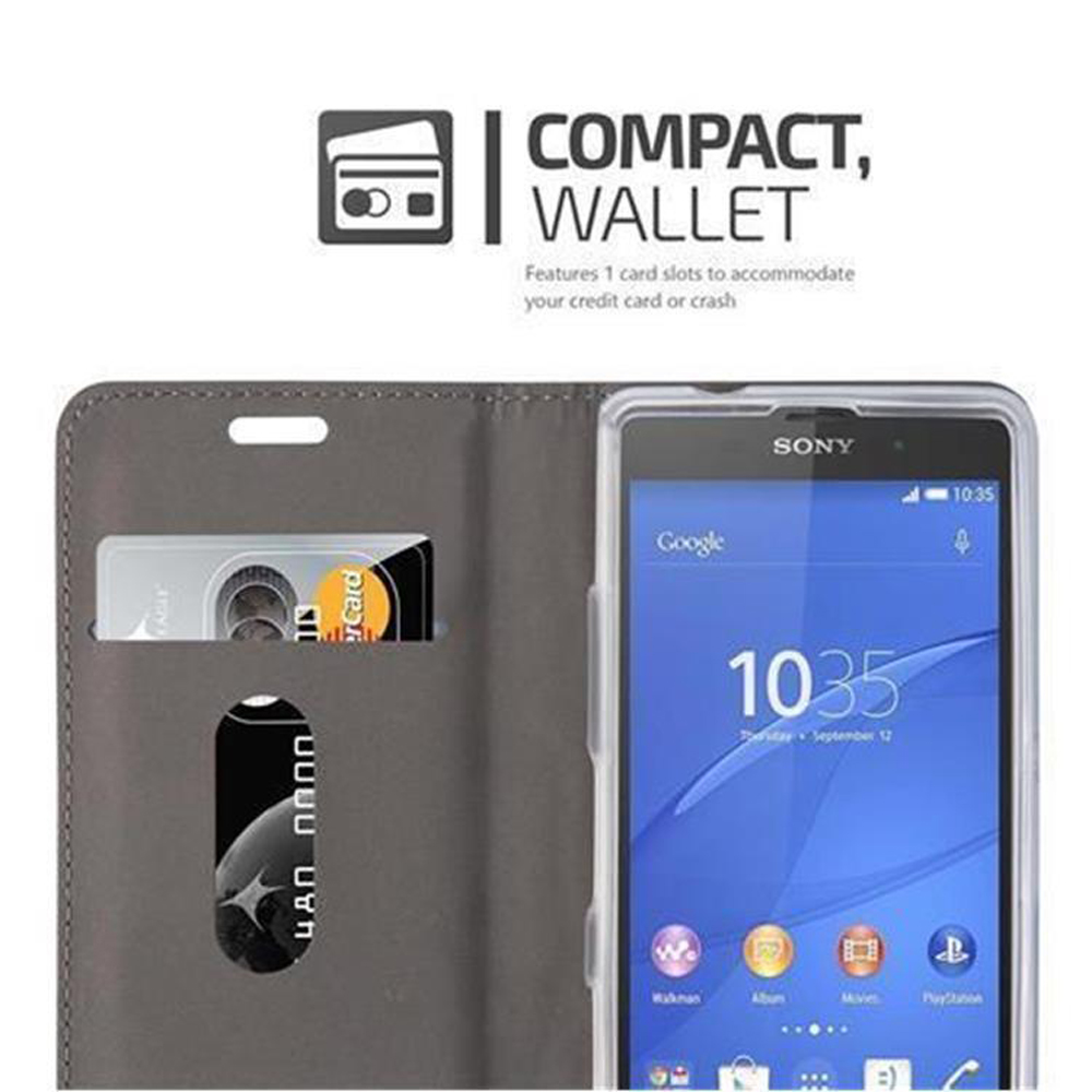 Custodia per telefono grigia stile portafoglio con fessure per carte. Un telefono mostra ora e app. Testo: 'Compact Wallet'.