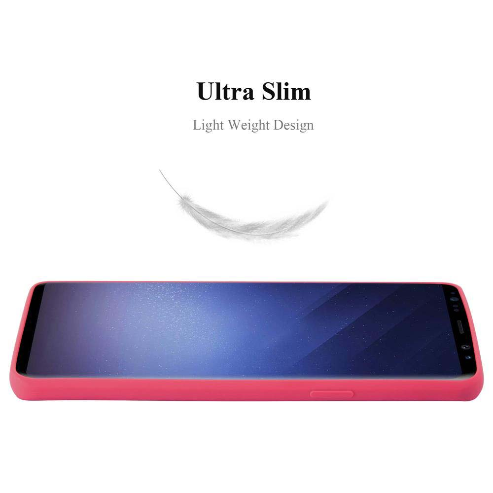 Una custodia rosa per telefono, con una grafica di piuma leggera. Il testo dice 'Ultra sottile' e 'Design leggero'.