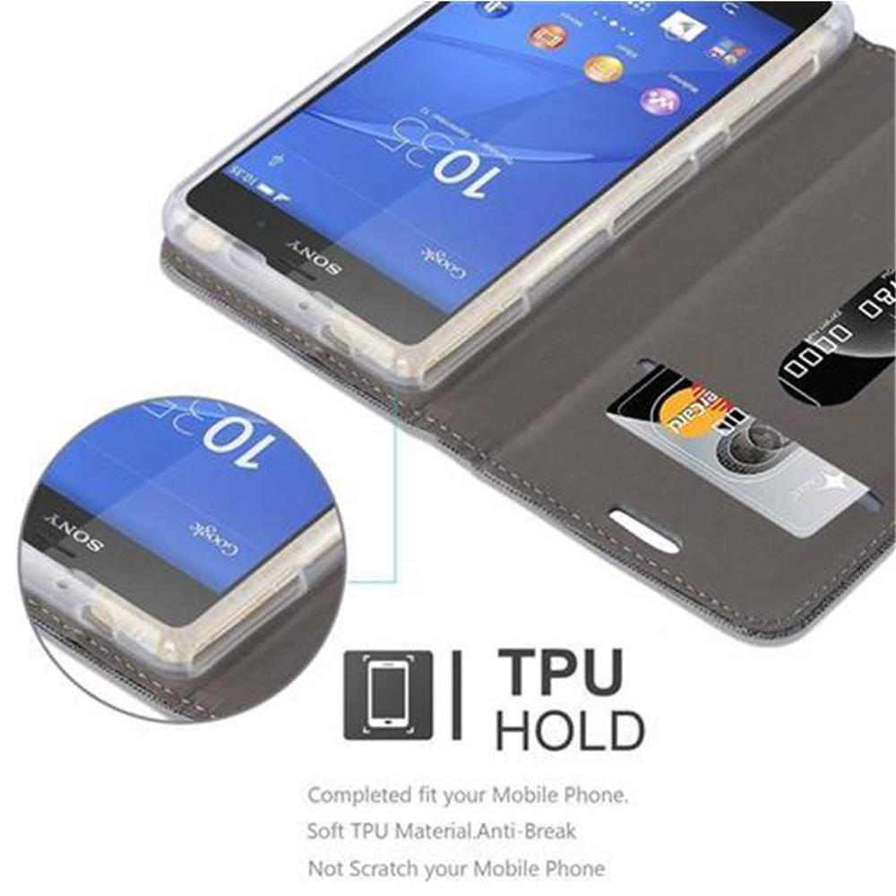 Uno smartphone in una custodia con uno slot per schede. Il telefono mostra l'ora e dettagli.