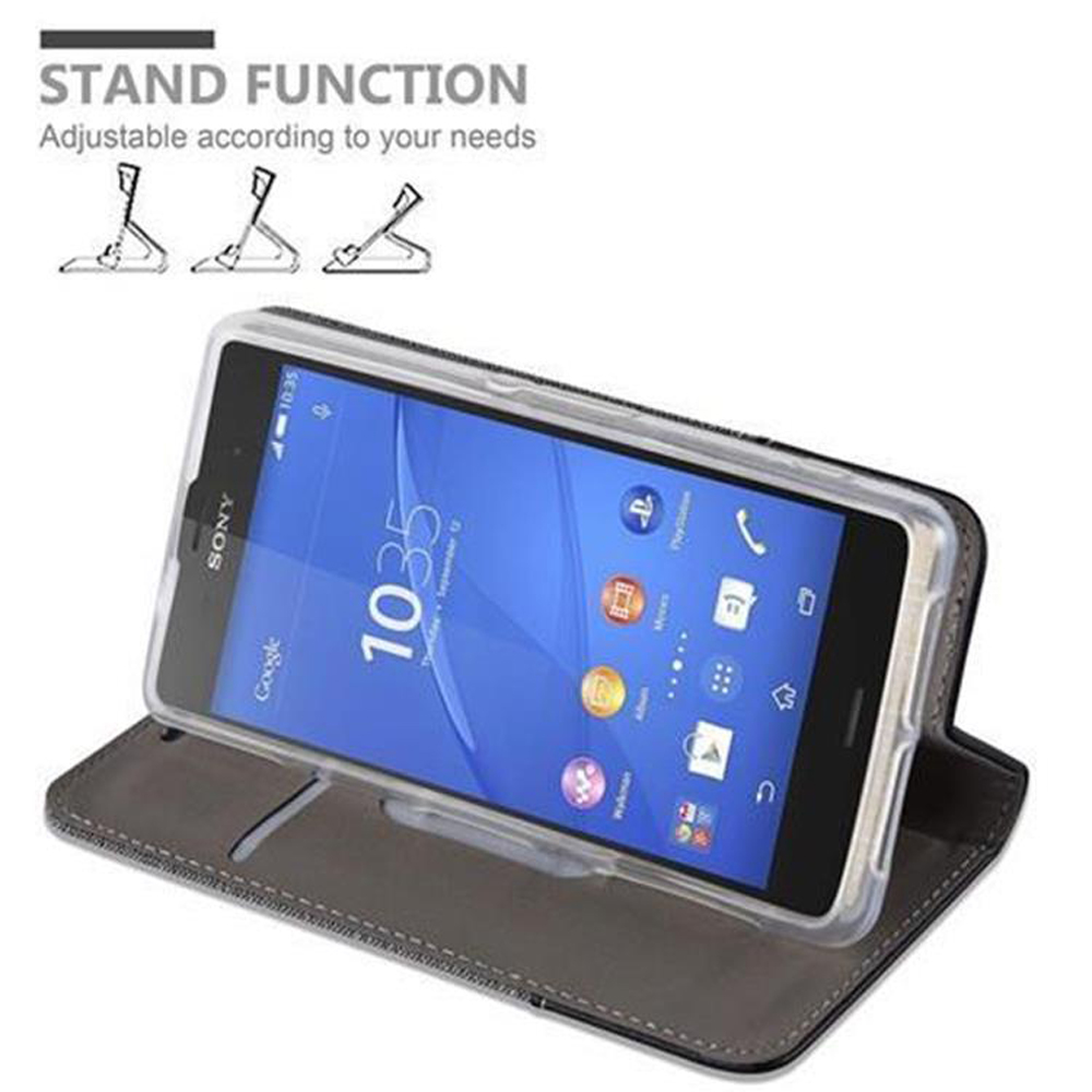 Un telefono in una custodia, che mostra la funzione stand, con diverse posizioni.