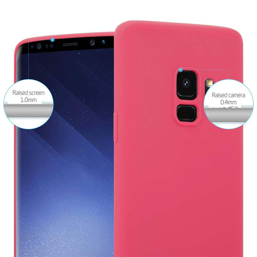 Telefono rosa con custodia rosa. Schermo e fotocamera rialzati sono indicati con misure.