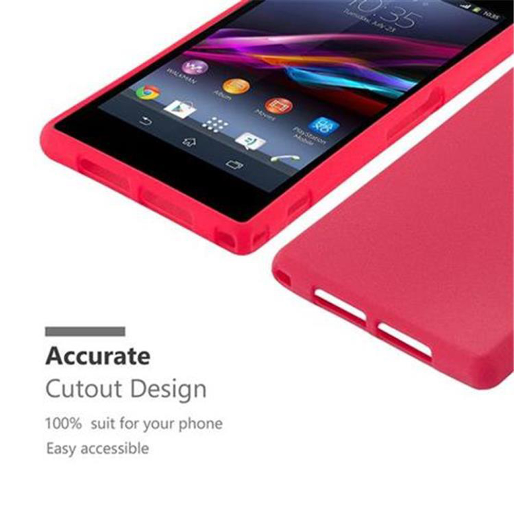 Funda roja para teléfono que cubre parcialmente la pantalla. Texto: Diseño de recorte preciso.