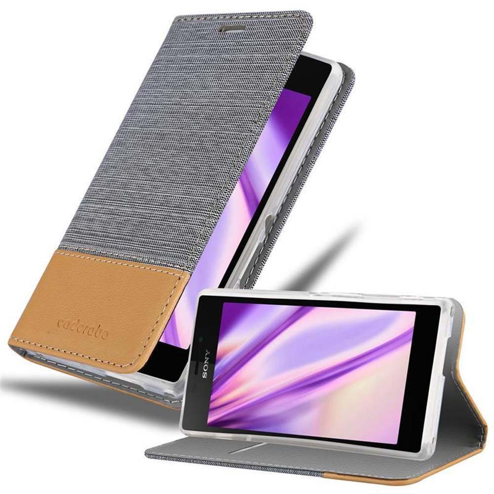 Funda gris y marrón con teléfono dentro, dos vistas. Funda abierta.