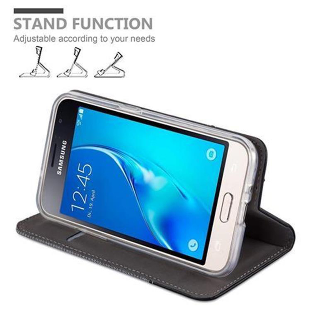 Telefono in una custodia, piegato come supporto. Testo: Funzione supporto. Tre opzioni di supporto.