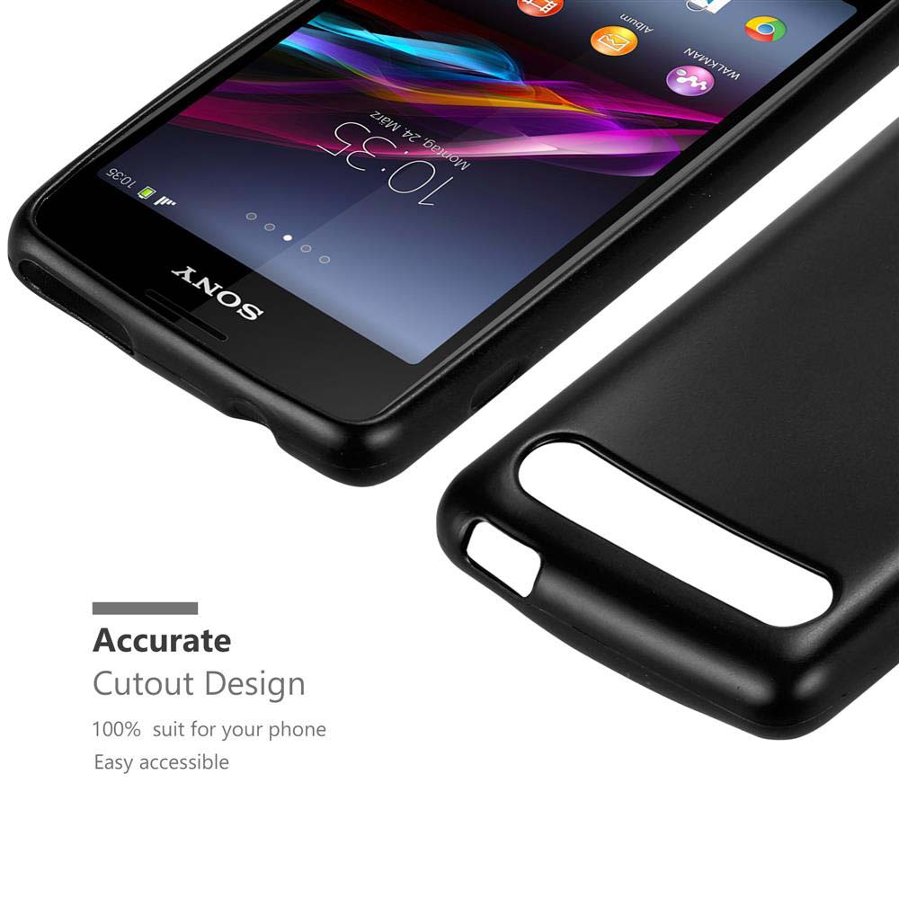 Telefono nero con custodia. Testo: Design ritaglio preciso. Custodia e telefono sono mostrati.