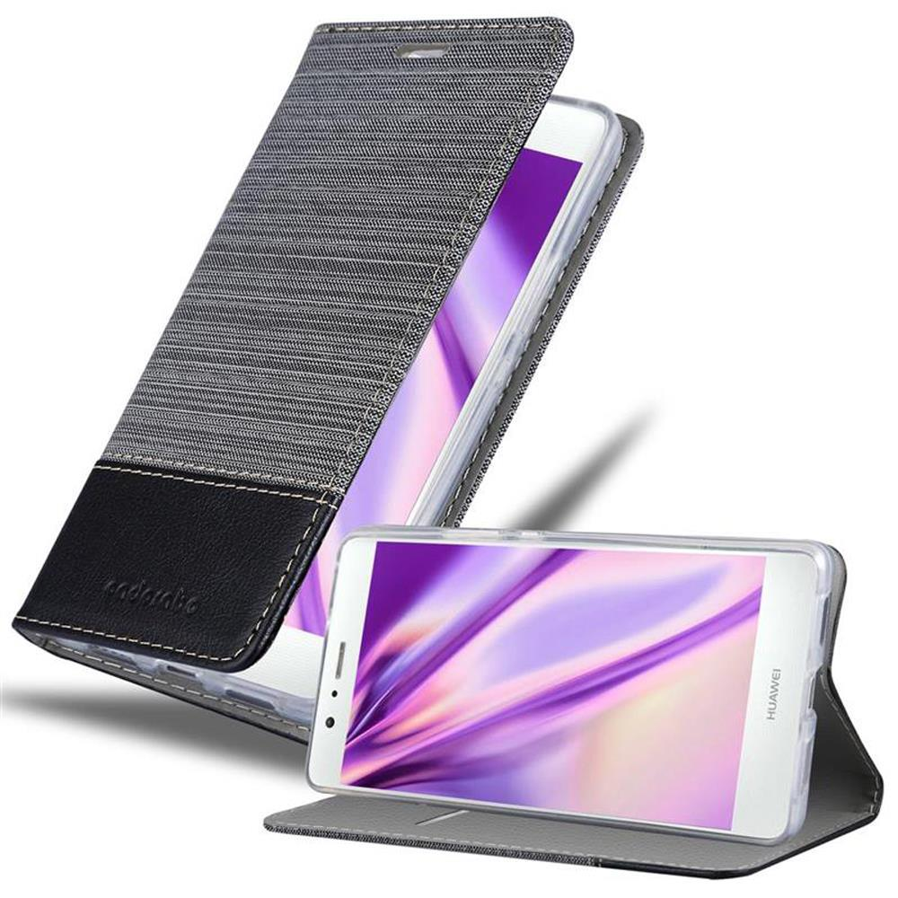 Funda gris para teléfono con borde de cuero negro, abierta y cerrada, mostrando un teléfono blanco con pantalla colorida.