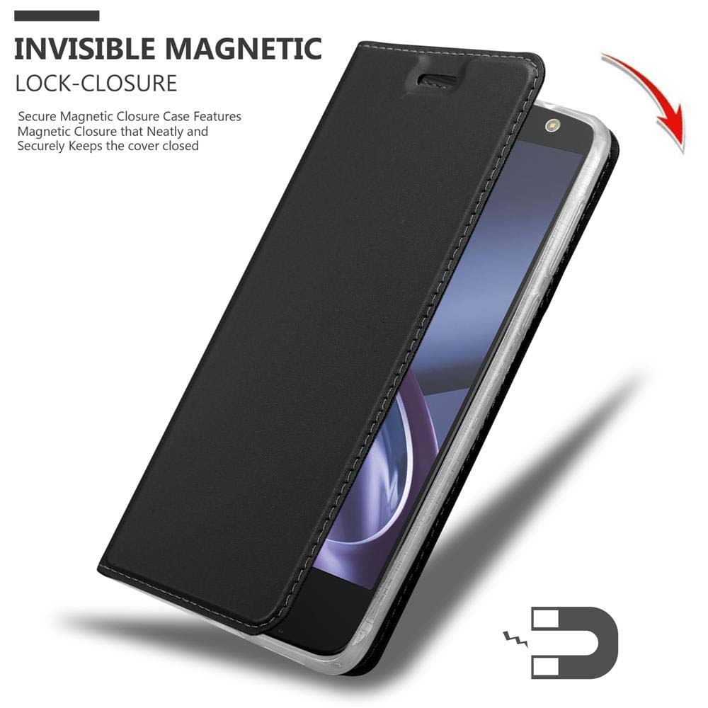 Custodia nera, con chiusura magnetica invisibile e un magnete.