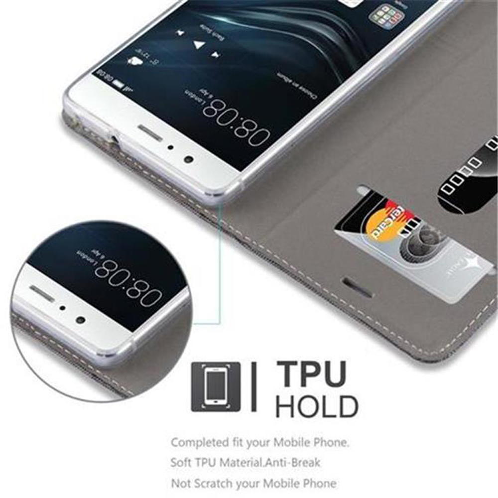 Teléfono en una funda gris con ranura para tarjeta de crédito. El teléfono muestra la hora. Datos de sujeción de TPU.