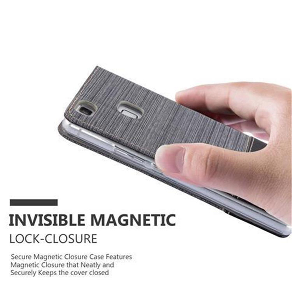 Mano sosteniendo una funda de teléfono gris con patrón. Texto: Cierre magnético invisible.