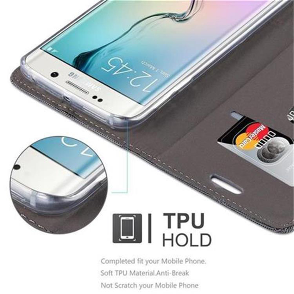 Telefon in einer Hülle mit Kreditkarte im Schlitz. Das Telefon zeigt die Uhrzeit. TPU HOLD Text sichtbar.