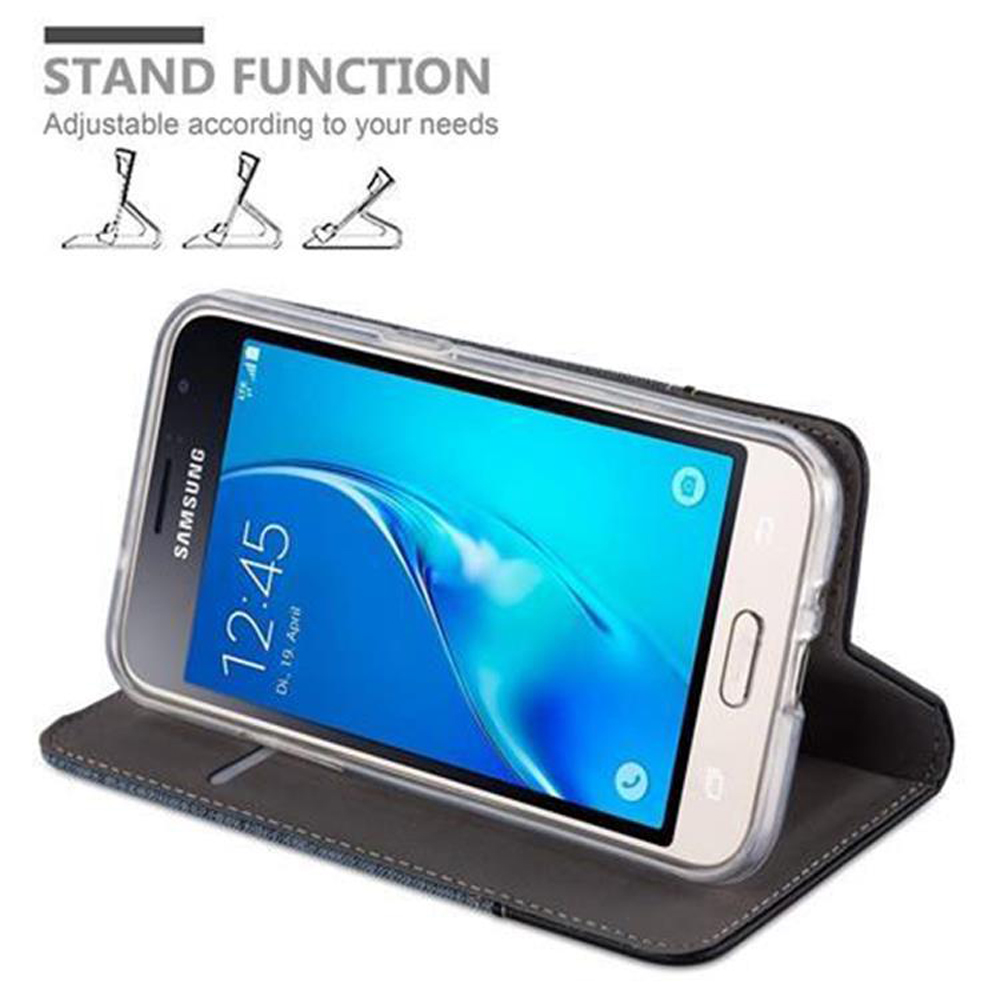 Smartphone in una custodia, aperto e appoggiato. Funzione stand mostrata con diagrammi.