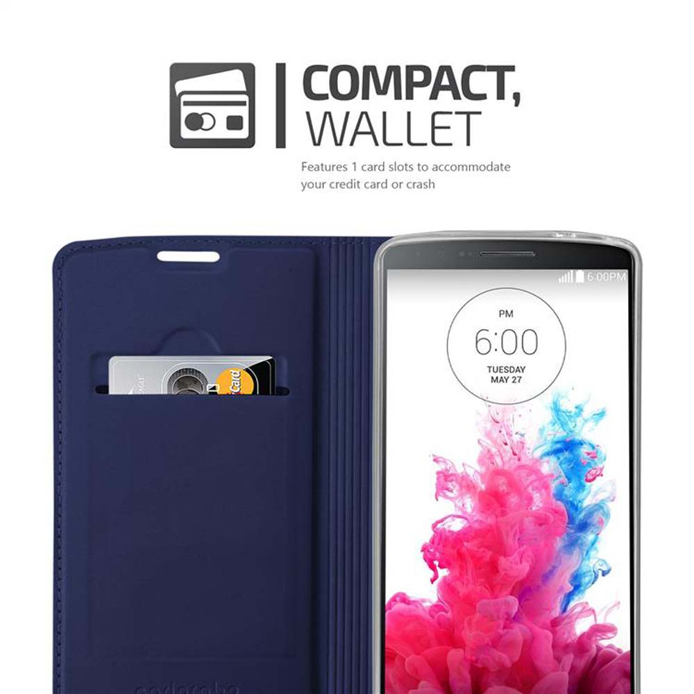 Ein Telefon in einer blauen Brieftaschenhülle mit Kreditkartenfächern. Das Telefon zeigt einen bunten Hintergrund.