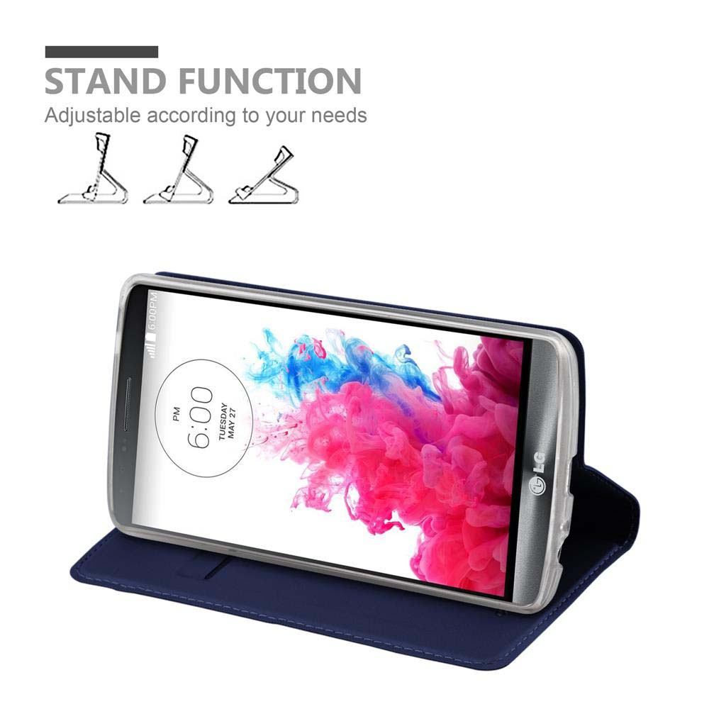 Ein Telefon in einer blauen Hülle im Brieftaschenstil. Die Hülle ist geöffnet. Das Telefon ist in der Hülle.