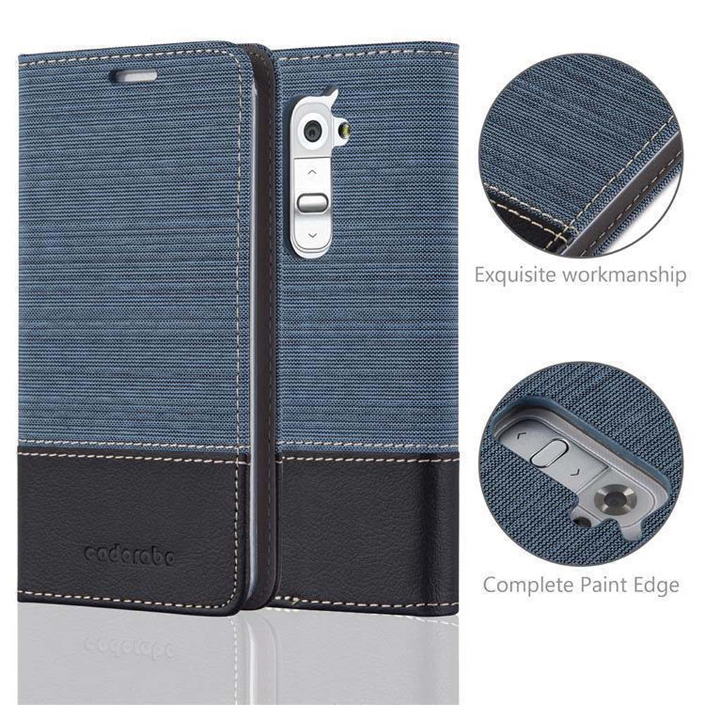 Funda de teléfono azul y negra con costuras blancas, primeros planos de detalles.